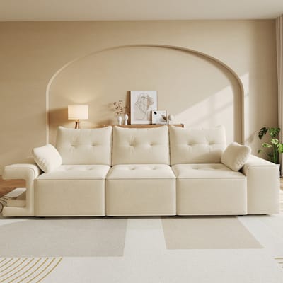OKWISH 3-Zitsbank 229,5 Cm - Met Opbergruimte En Huisdiernissen - Voor Woonkamer En Appartement - Fluweel - Beige