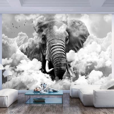 Fotobehang – Behangpapier - Fotobehang - Elephant in the Clouds (Black and White) 100x70 - Artgeist