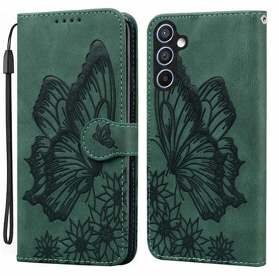 BoekCover Etui Hoes geschikt voor Samsung Galaxy A37 - A36 - A56 - Groen - Vlinder - Reliëf