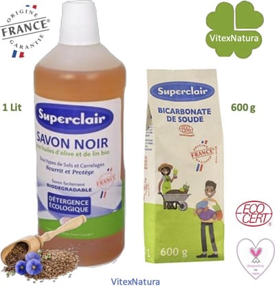 Zwarte huishoudzeep 1L, Soda Natrium bicarbonaat poeder 600g | merk Superclair | Biologisch ecologisch