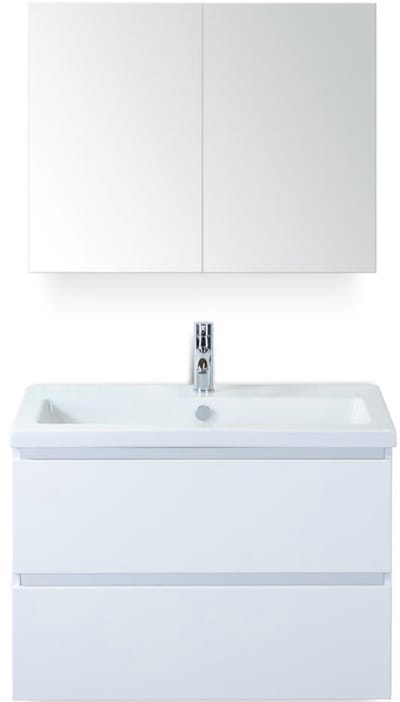 Vogue Badmeubelset 80 cm - Greeplijst in Kleur - Wit Hoogglans - Keramische Wastafel Wit 1 Kraangat met Spiegelkast