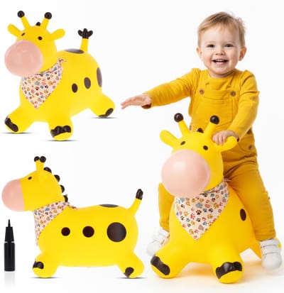 sun baby - Springdier met pomp vanaaf 1 jaar - Giraffe - geel - max 50kg, duurzaam rubber, gecertificeerd, bpa-vrij, springpaard, springhond