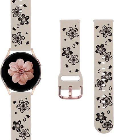Stravo 20mm Siliconen Bandje met Bloemen Design – Geschikt voor Samsung Galaxy Watch 7 6 5 4 - Classic – Siliconen Horlogeband met Roségouden Gesp voor Garmin Vivoactive 5 3 - Forerunner 245 - Venu SQ 2 - Vivomove - Huawei – Starlight / zwart