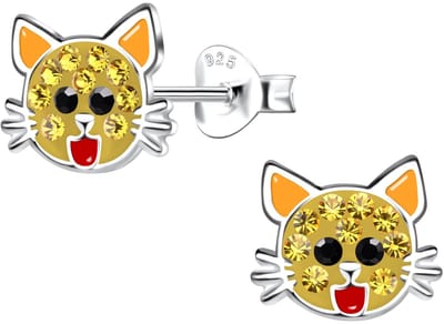 Joy|S - Zilveren kat poes oorbellen - 9 x 8 mm - oranje geel met geel kristal en een rood tongetje - kinderoorbellen
