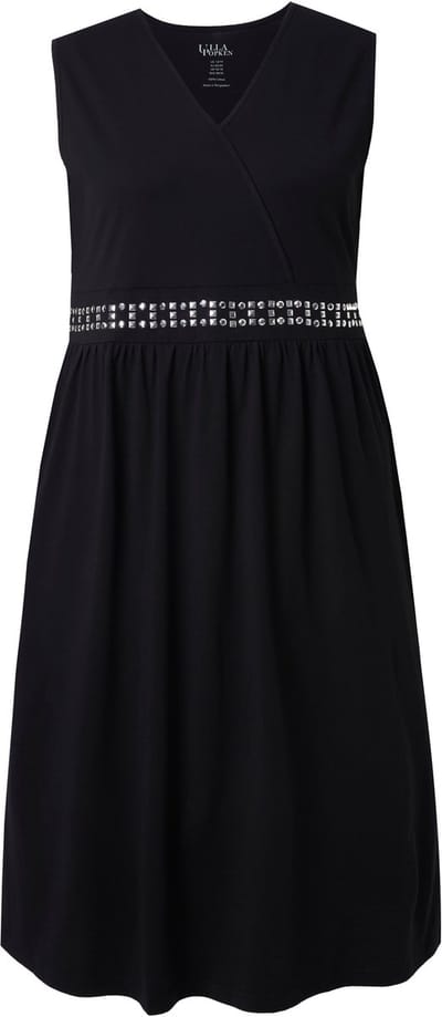 Ulla Popken - Dames - Midi-jurk borduursel wikkellook V-hals mouwloos - Zwart - Maat 62+