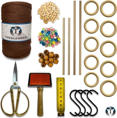Deluxe Macramé Pakket | Bruin | 200 METER | Triple Twist | 3mm | Starter Set | Schaar | S-haken | Kam | Meetlint | Ringen | Kralen | Stokken | Macramé Touw | 100% Katoen | DIY | Macramé | Wandkleed | Plantenhanger | TheOldOmen