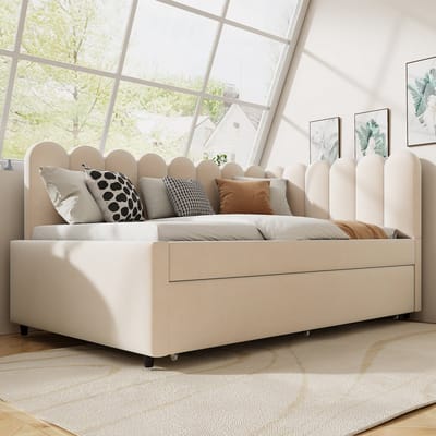 Wishdor – L-vormige slaapbank 140x200 cm – Uitschuifbed & bloemvormige rugleuning – Fluweel – Beige – Perfecte hoekoplossing met romantisch design