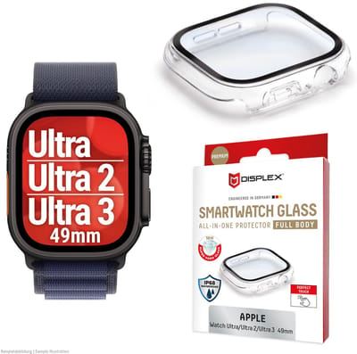 Displex 10H Panzerglas für Apple Watch Ultra/Ultra2 (49mm), Full Body Schutz, IP68, Snap-On, transparent, Schermbeschermer, Smartwatch, Transparant, Apple, Apple Watch Ultra/Ultra2 (49mm), Polycarbonaat (PC), Gehard glas