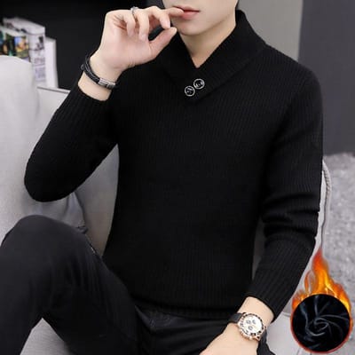 Heren Pullover Gebreide Trui Herfst en Winter Kleine Revers Basis T-shirt Plus Fluweel Verdikt Effen Kleur Heren Trui XXL zwart