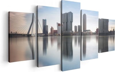 Artaza Canvas Schilderij Vijfluik Rotterdamse Skyline Met De Erasmusbrug - 100x50 cm - Wanddecoratie Woonkamer - Schilderijen - Muurdecoratie