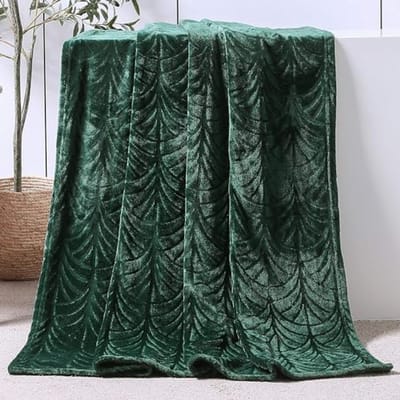 Knuffeldeken met Bladpatroon - Warme Fleece Deken - Zachte Flanellen Woondeken 150 x 200 cm - Donkergroen