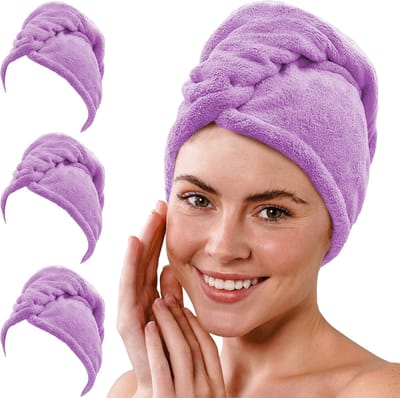 Famanu – Set van 3 microvezel haardroogtulbanden, absorberend en sneldrogend, geschikt voor dames en meisjes – Paars/Blauw