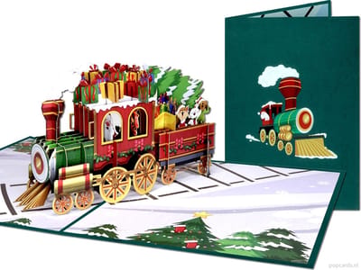 Popcards pop-up kaart – Superleuke Kerstkaart Trein Stoomlocomotief met Vrolijke Dieren Locomotief pop-up wenskaart 3D kaart