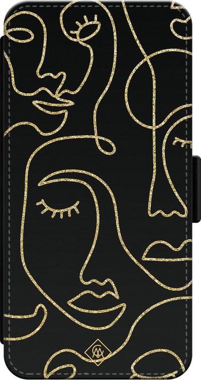 Casimoda® bookcase - Geschikt voor iPhone 13 Pro - Hoesje met pasjeshouder - Abstract Faces - Zwart - PU-leer met kunststof telefoonhouder