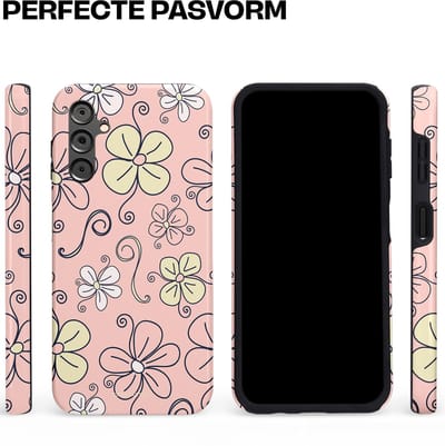 Casetastic hoesje geschikt voor Samsung Galaxy A14 (2023) 5G / Samsung Galaxy A14 (2023) 4G - Dubbellaagse bescherming - Pastel Perzik Doodle Peach Bloemen - Fashion Case - Zand Zilver Lichtroze
