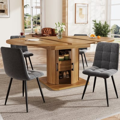 Eetkamerset - 5 Delige Tafel Met 4 Stoelen - Uitschuifbare Tafel Met Opbergruimte - Voor Keuken En Eetkamer - MDF Linnen - Zwartbruin
