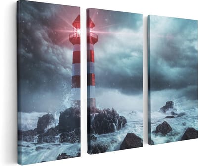 Artaza Canvas Schilderij Drieluik Vuurtoren tijdens een Storm - 120x80 - Foto Op Canvas - Canvas Print