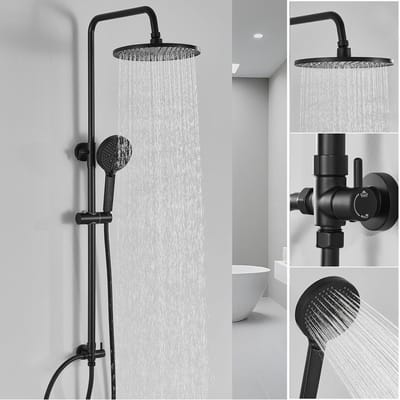 Auralum Max Douchesysteem - Zwart Regendouche - Rond Design - Handdouche met 4 standen - Met omstelling - Doucheset - Waterbesparend - Zwart