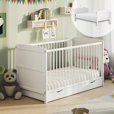 Babybed 70 x 140 cm met lade | Hoogte verstelbaar en uitneembare sporten | Kinderbed geschikt van geboorte tot 6 jaar