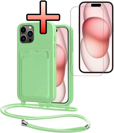Hoes Geschikt voor iPhone 14 Pro Hoesje Pasjeshouder Cover Met Koord Case Siliconen Hoes Met Telefoonkoord en Kaarthouder Met Screenprotector - Groen