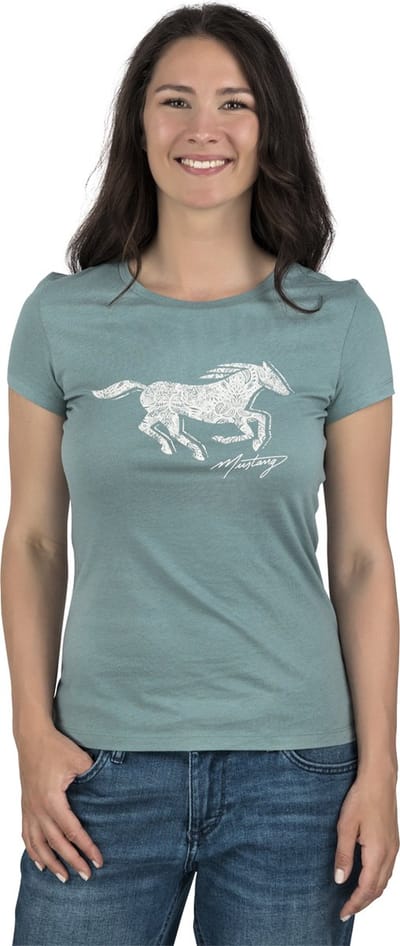 Mustang Dames T-Shirt Alexia C Logo slim fit Turkoois S Ronde Hals Volwassenen Basic T-shirt met korte mouwen en ronde hals gemaakt van 100% katoen