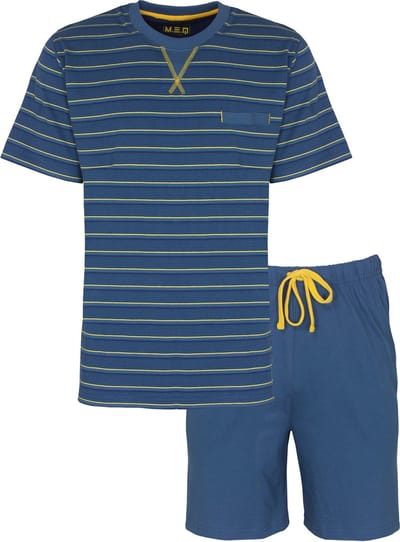 MEQ Heren Shortama - Pyjama Set - Katoen - Korte mouw - Blauw - Maat M