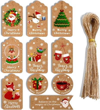 Kerstcadeaulabels - 50 vellen met 10 ontwerpen Kraftpapier kerstlabels met 50 jute touwtjes voor cadeaus Kerstboomversieringen