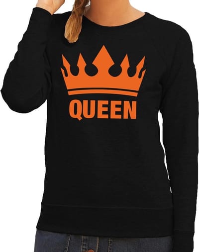 Zwarte Queen met kroon sweater zwart dames - Koningsdag kleding XS