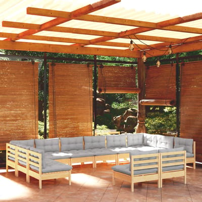 vidaXL - 12-delige - Loungeset - met - grijze - kussens - massief - grenenhout