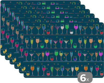 Placemat - Placemats kunststof - Cocktails - Bar - Neon - Design - 45x30 cm - 6 stuks - Hittebestendig - Anti-Slip - Onderlegger - Afneembaar