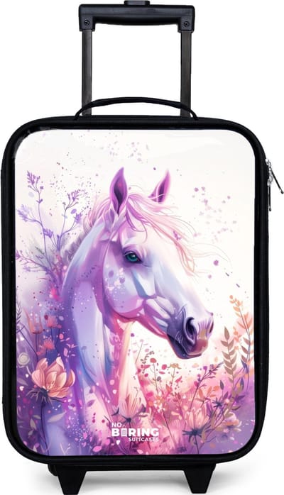NoBoringSuitcases.com® - Kinderkoffer jongen - Kindertrolley meisje - Parelachtige Pony - Koffer kind lichtgewicht - Reiskoffer trolley voor kinderen - Koffertje met lichtgevende wieltjes - Rolkoffer zwart