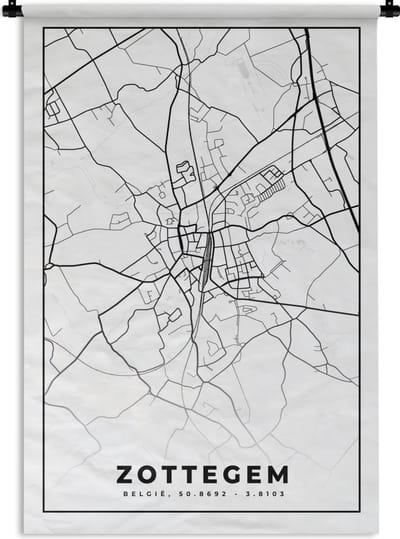 Wandkleed - Wanddoek - Zwart Wit – België – Plattegrond – Stadskaart – Kaart – Zottegem - 120x180 cm - Wandtapijt