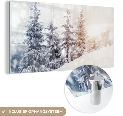 MuchoWow® Glasschilderij 40x20 cm - Schilderij acrylglas - Boom - Sneeuw - Winter - Foto op glas - Schilderijen