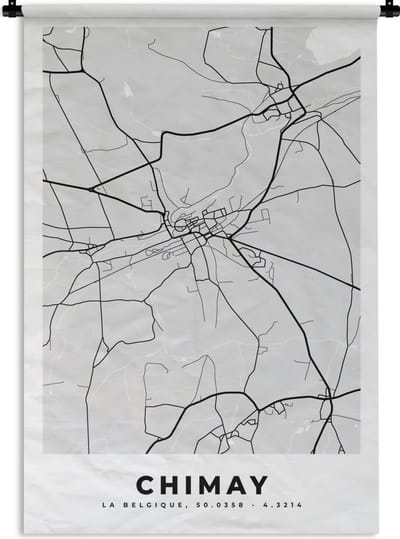 Wandkleed - Wanddoek - Zwart Wit – België – Plattegrond – Stadskaart – Kaart – Chimay - 120x180 cm - Wandtapijt