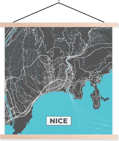 Posterhanger incl. Poster 40x40 cm - Schoolplaat - Nice - Frankrijk - Plattegrond - Kaart - Stadskaart - Textielposter - Blanke latten - Stadskaart