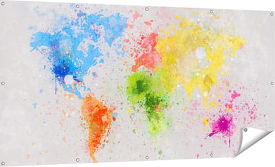 Gards Tuinposter Wereldkaart met Verfvlekken - Abstract - 180x90 cm - Tuindoek - Tuindecoratie - Wanddecoratie buiten - Tuinschilderij