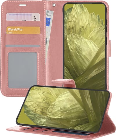 Hoesje - Met Pasjeshouder - Geschikt voor Google Pixel 8a - Luxe Bookcase Portemonee - Flip Case - Kunstleer Book Case - Flipcase - Book Cover - Walletcase - Portemonneehoes - Telefoonhoesjes - Rosé goud