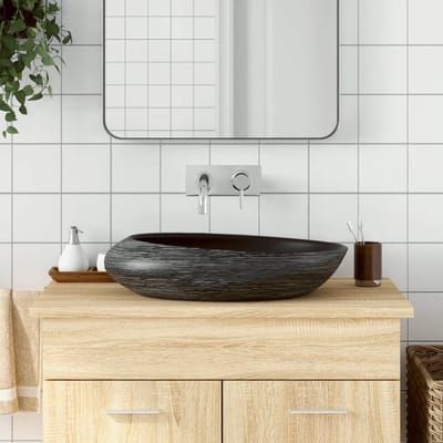 vidaXL - Opzetwasbak - ovaal - 59x40x14 - cm - keramiek - grijs - en - zwart