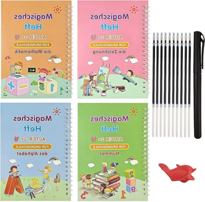 Set van 4 Herbruikbare Schrijfpennen met Magische Oefenschriften voor Kinderen, Ideaal voor Calligrafie, Cijfers en Tekenen, 19 x 13 cm