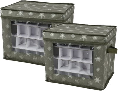 Decoris kerstballen opbergbox - 2x - groen - 41 x 31 x 32 cm - polyester - opbergdoos - opbergbox kerstballen - kerstdecoratie opbergen