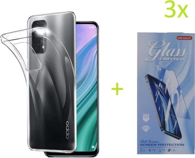HoesjeGeschikt voor: Oppo Reno 4 5G Transparant TPU Silicone Soft Case + 3X Tempered Glass Screenprotector
