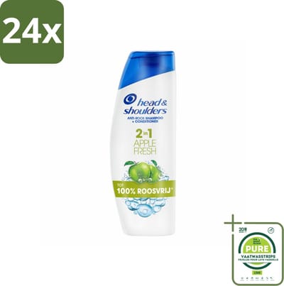 Head & Shoulders - Shampoo - 2-in-1 - Apple Fresh - 100% Roosvrij - 300 ml - Voordeelverpakking - 24 stuks - Anti-Roos Shampoo - Roze Shampoo