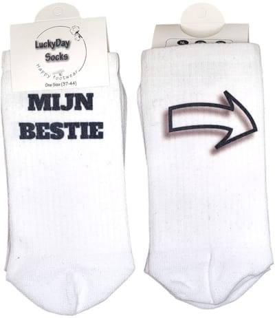LuckyDay socks- Festival sokken - Vrienden - Verjaardag cadeau - Vrolijke sokken - Witte sokken - Tennis sokken - Sport sokken - Party sokken - Valentijns cadeau - Sokken met tekst - Bestie rechts - Grappige sokken - Mismatch sokken - Maat 37-44