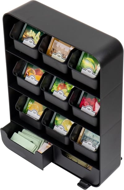 Famanu - Zwarte theezakjes organizer met 11 lades, praktische houder voor thee, suiker en koffieaccessoires