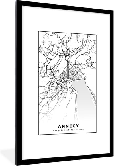 Fotolijst incl. Poster Zwart Wit- Stadskaart - Annecy - Plattegrond - Kaart - Frankrijk - Zwart wit - 80x120 cm - Posterlijst