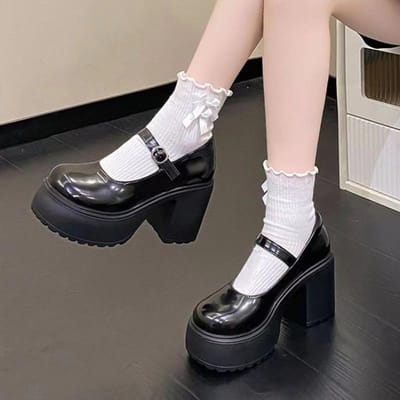 Modieuze Nieuwe Retro Enkelknops Band Dames Schoenen met Dikke Zool Veelzijdige Dikke Hak Waterdicht Platform Dames Enkele Schoen 40 black
