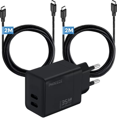 Phreeze usb C adapter 35 W - Dual usb C poorten - Power Delivery GaN oplader met 2 usb C naar usb C kabels 2m - Laptop oplader usb C - Snellader voor telefoon, tablet, laptop, powerbank, speaker en controller - Twee kabels inbegrepen
