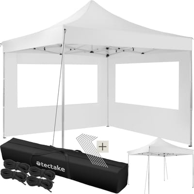 tectake® Aluminium Paviljoen 3x3 m - Opvouwbaar Paviljoen, Waterdicht - Partytent met 2 Zijwanden - Inclusief Spantouwen, Haringen en Tas - Luifel voor Balkon, Terras, Tuinpaviljoen - Wit