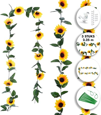 Fissaly 3 Stuks Zonnebloem Slinger Decoratie Set – Kunsbloemen Backdrop Planten Versiering voor Woonkamer & Feest – Kunstplant, Hangplant, Nepplant & Nep Plant