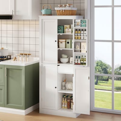 Keukenkast 75x40x180cm - dressoir - multifunctionele hoge kast - met deurramen - opbergvak en ingebouwde lades - wit